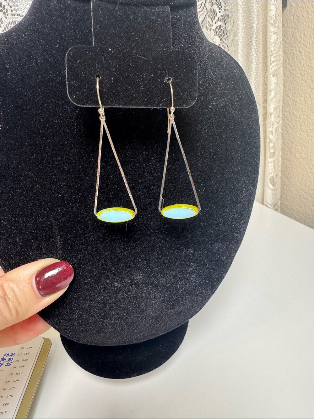 Silver Drop Earrings with Yellow and Light Blue Enamel